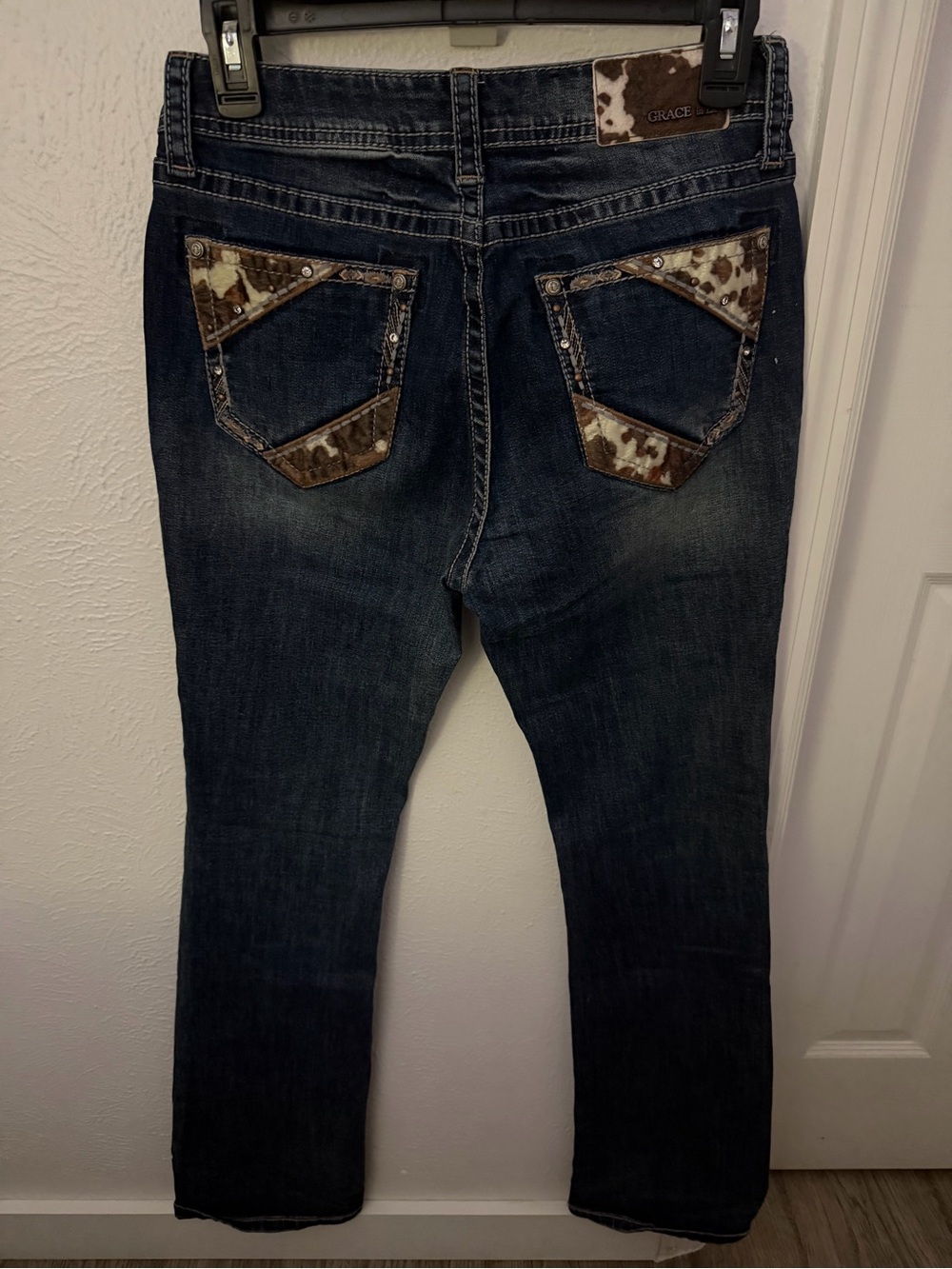 Grace Straight Leg Jeans with Cowhide Pocket Trim in Dark Blue